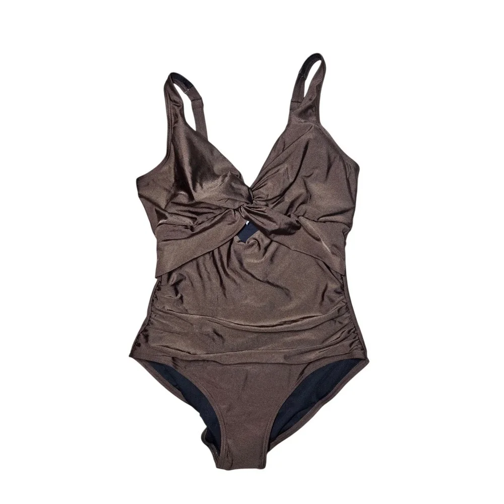 DKNY Mocha Brown Shimmer Twist Front Ruched One-Piece Swimsuit L NWT - Picture 2 of 7